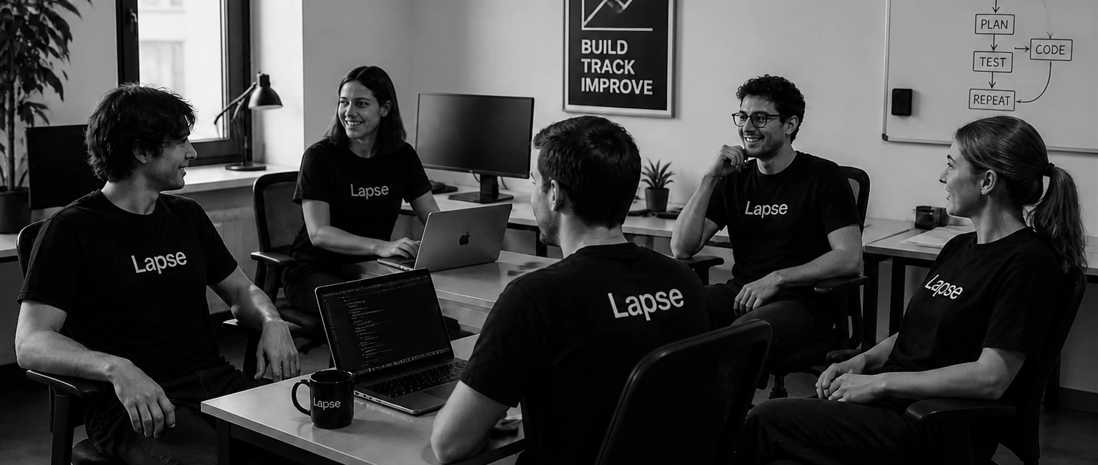 Five people in Lapse t-shirts talking around a desk